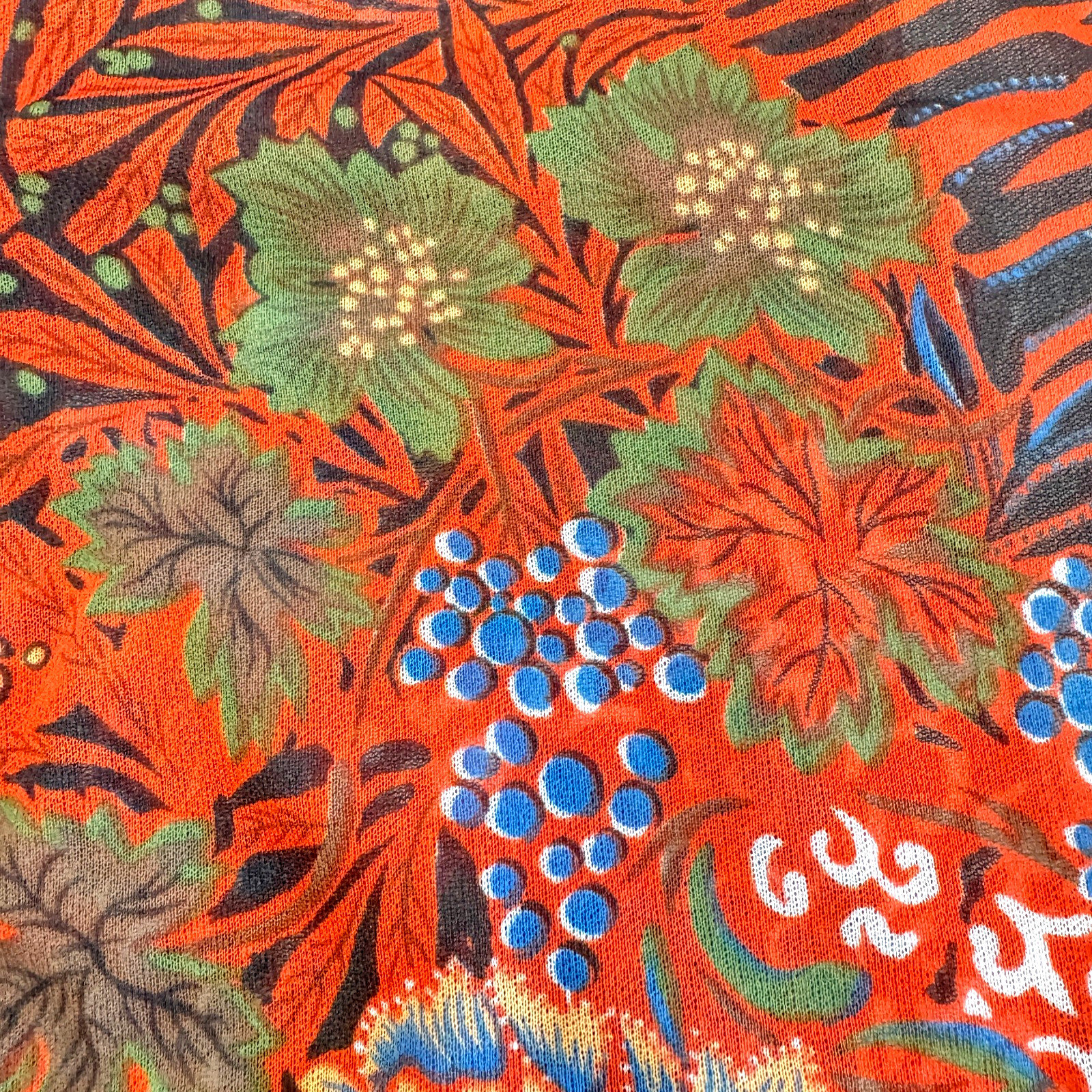 Vintage 70s Floral Psychedelic Blouse Top Orange Blue Women Size 44 See Through