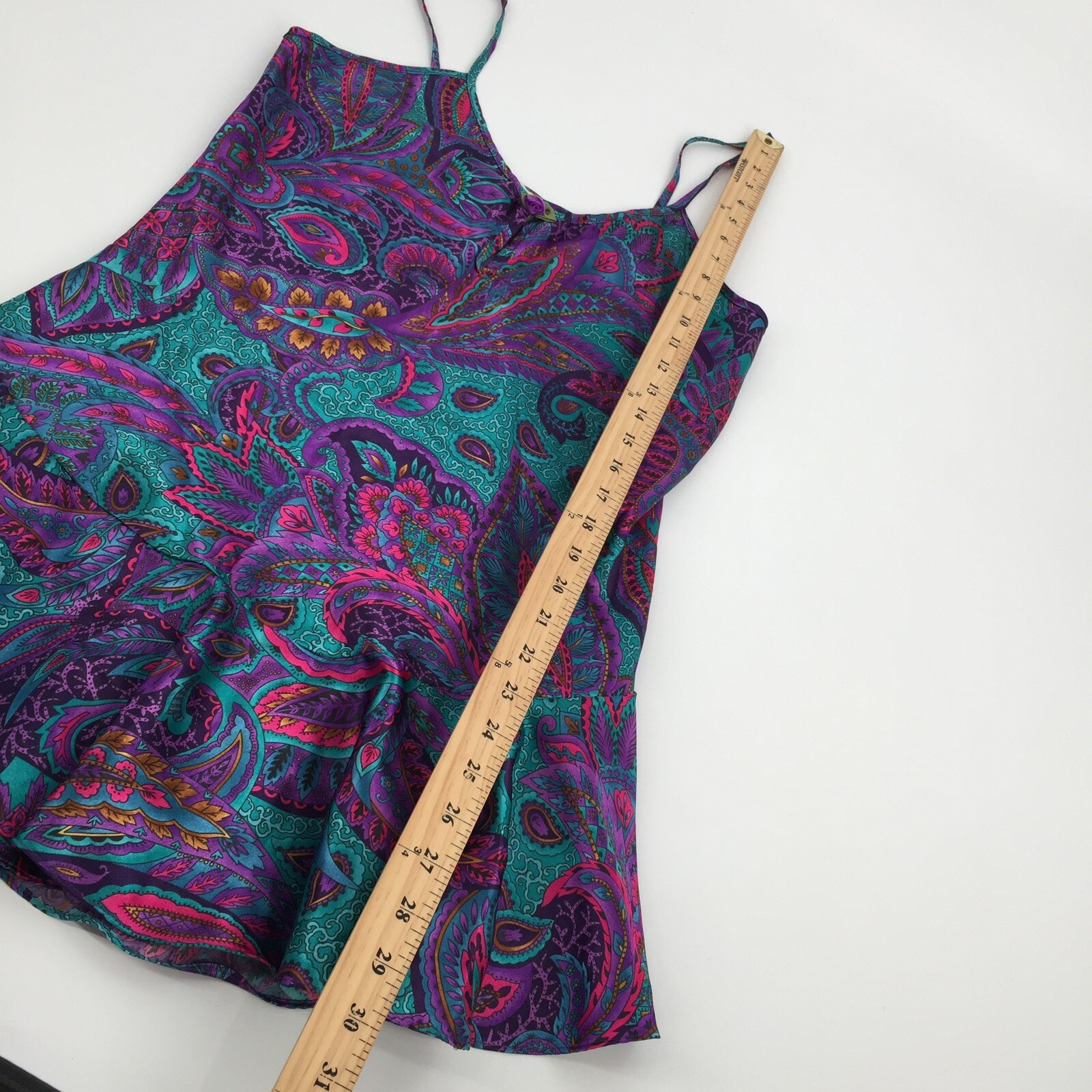 Vintage 80s California Miss Paisley Print Lingerie Dress Small Teal Purple Satin