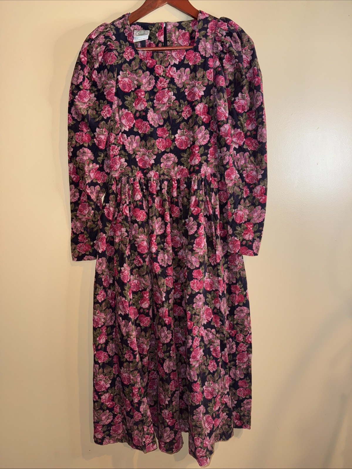 Vtg 80’s Laura Ashley Corduroy Pink Roses Dress Sz 6 Long Puff Sleeves Prairie