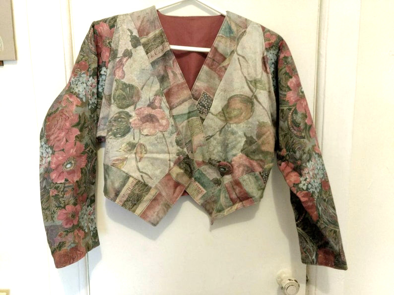 Vintage 90s Cropped Jacket by Villa Factory 46″ Bust Large Floral Romantic Boho