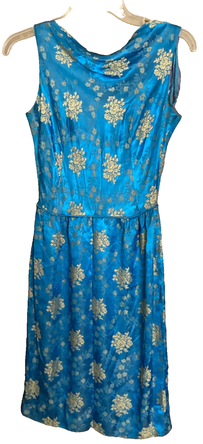 Vintage 60’s Asian Oriental Blue Satin Dress Women’s S Floral Embroidery Brocade
