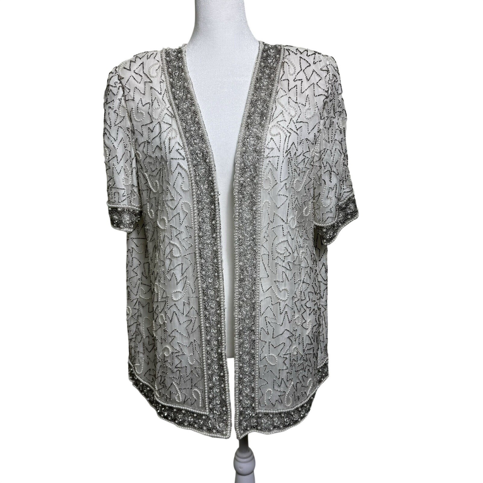 Laurence Kazar New York Vintage Beaded Pearl White Silk Evening Jacket Cardigan
