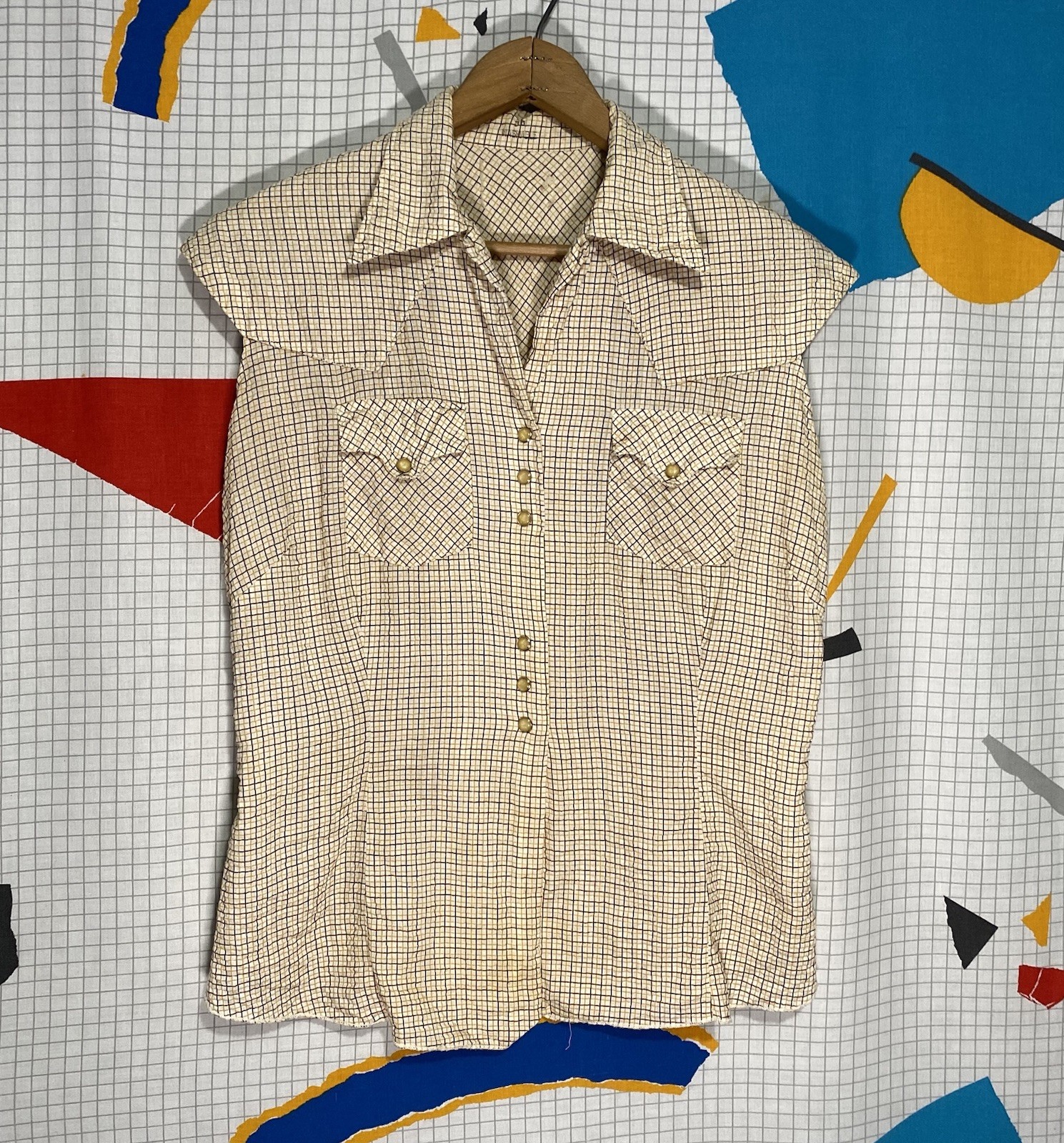 Vintage 40s Pearl Snap Western Shirt 36 Loop Collar Sleeveless Rockabilly Check