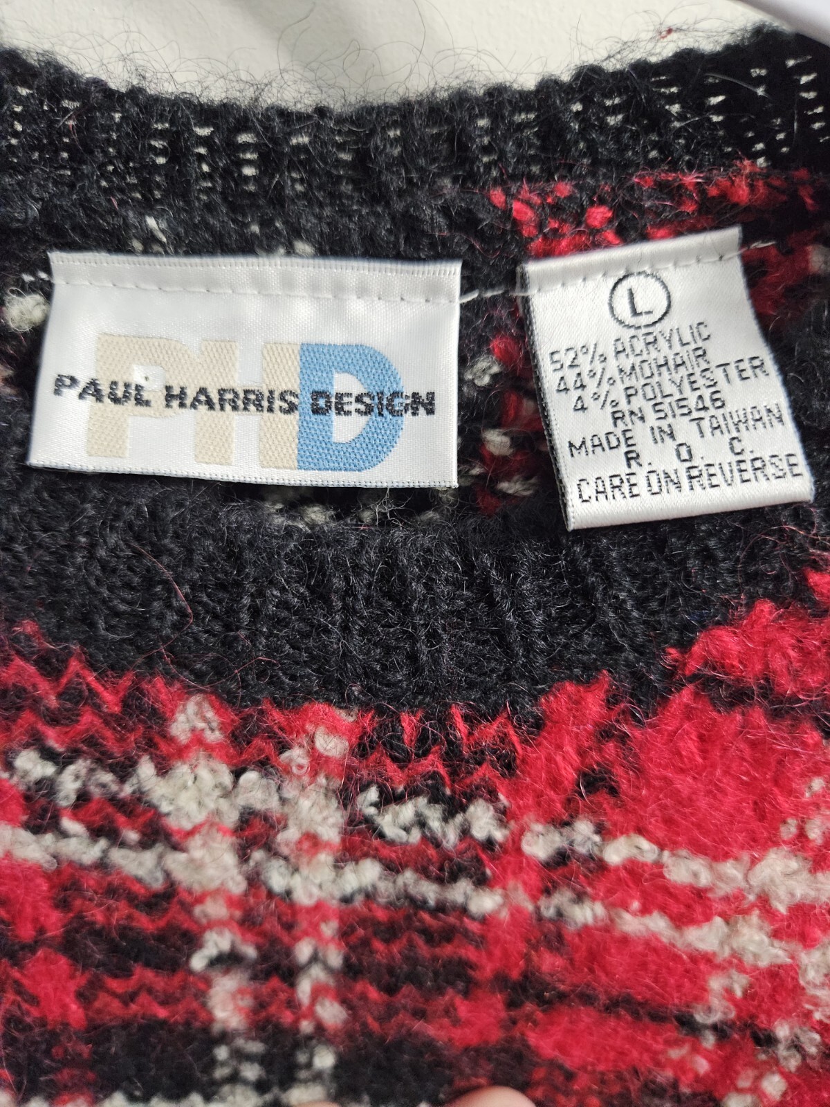 Vtg 80s PHD Paul Harris Design Large Red Plaid Pullover Sweater Mohair Blend