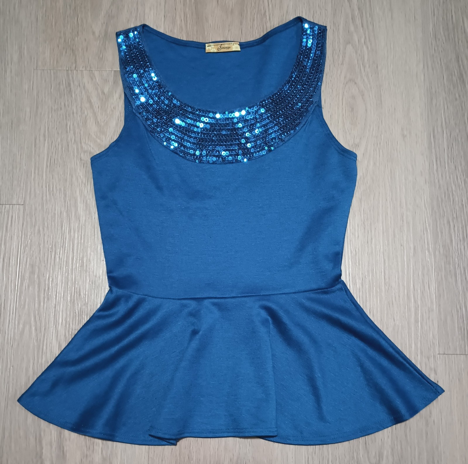 Vtg Y2K FINESSE Royal Blue Stretch Sequin Peplum Top festive holiday party XS