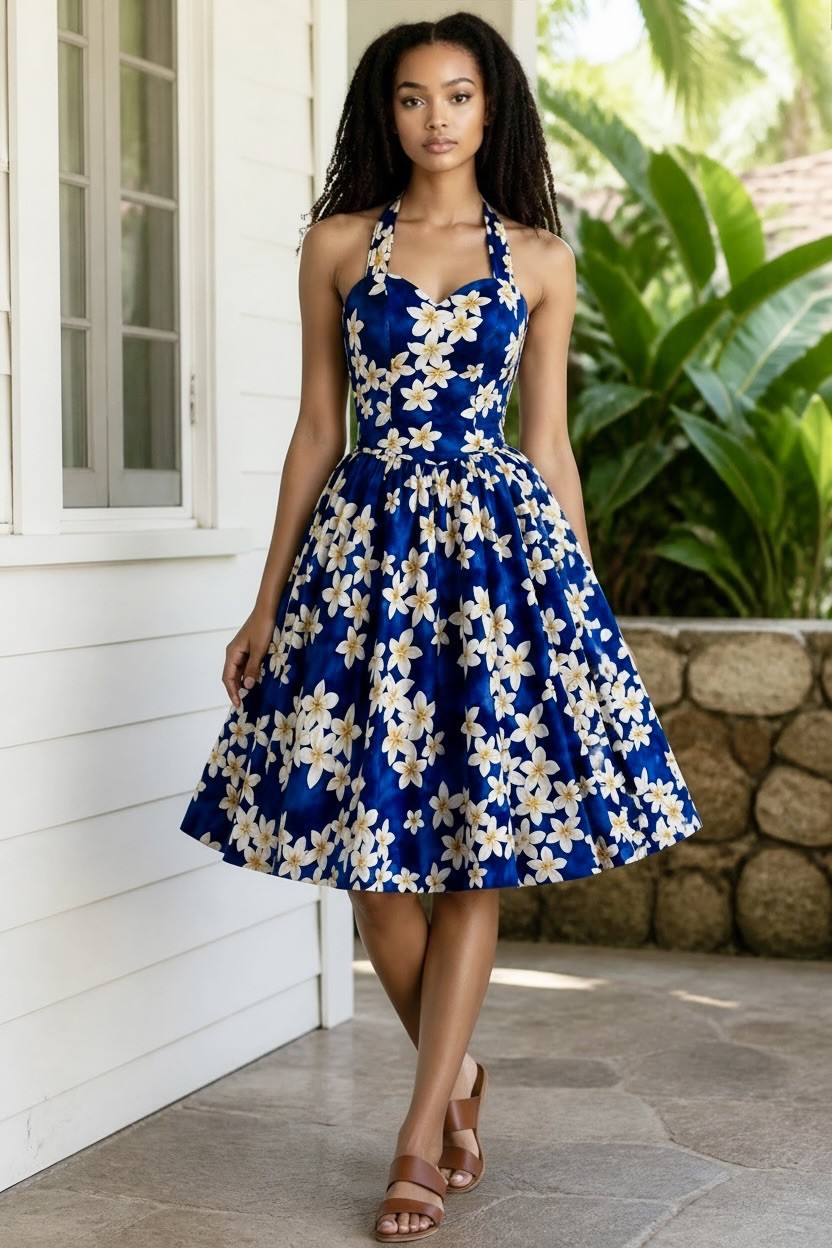 Vintage 1980s 1950s Style Blue Floral HAWAIIAN Pinup Dress Halter Top Sundress