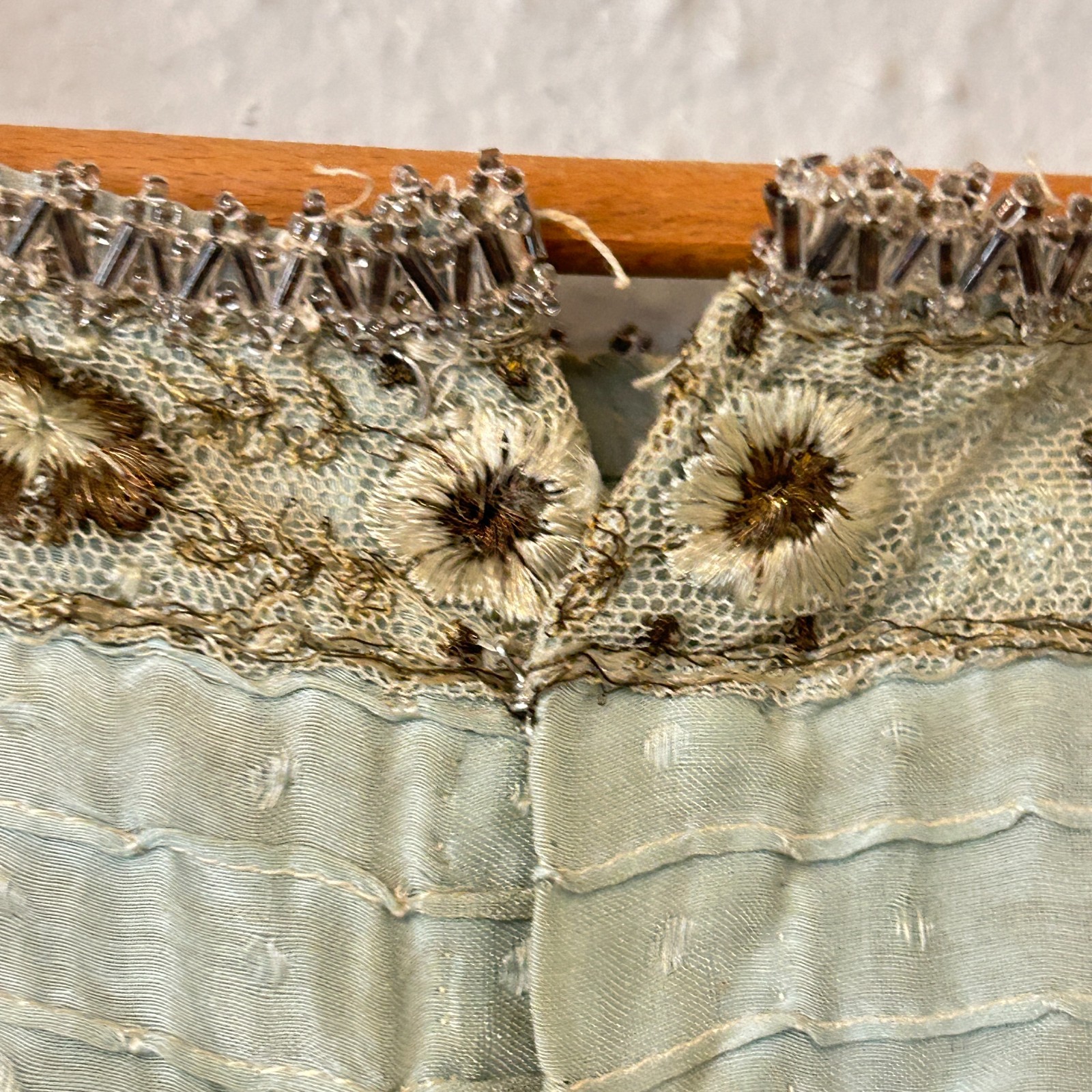 READ AS IS Antique Edwardian Blue Dress Fringe Trim Embroidered Study Fragile