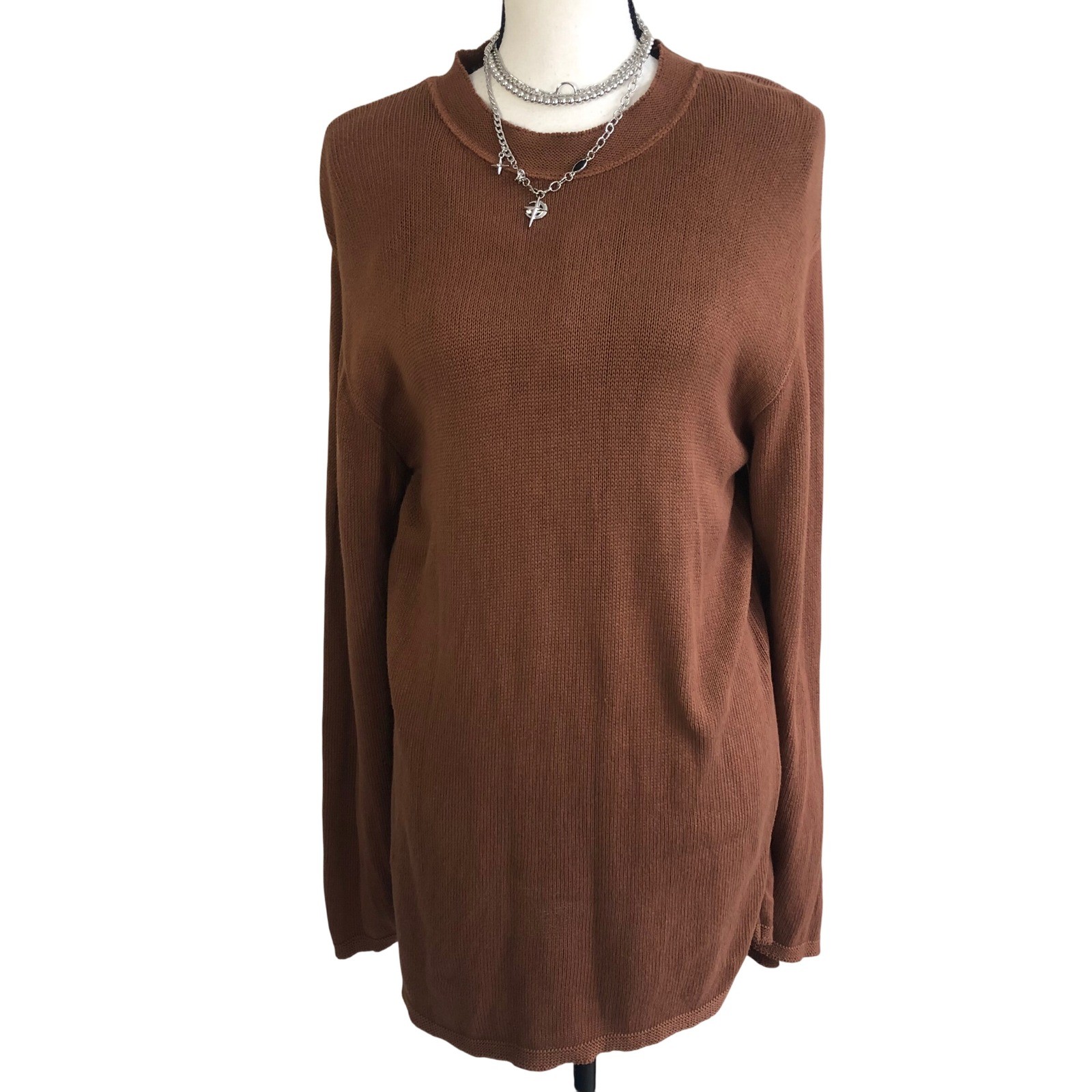 VTG 90s Chava Comfort Rust Tan Brown Open Knit Longline Tunic Sweater M Unisex