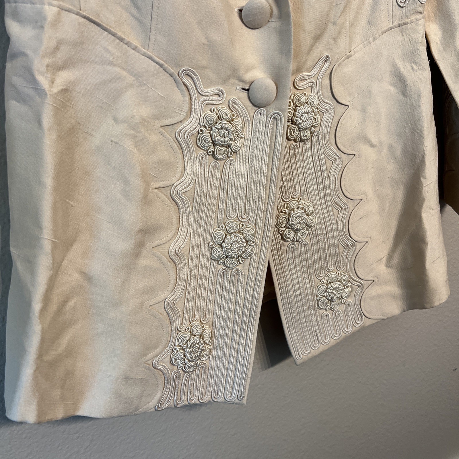 Vintage Tootsies Ivory Raw Silk Soutache Embroidery Blazer Jacket Size 8