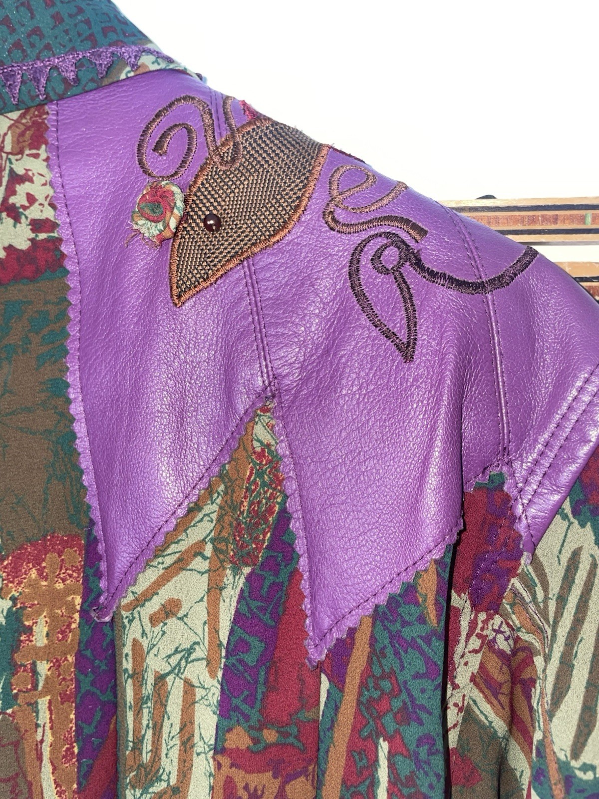 Vintage Marc D’Alcy Blouse Size 2 Abstract Purple Faux Leather Trim Shirt
