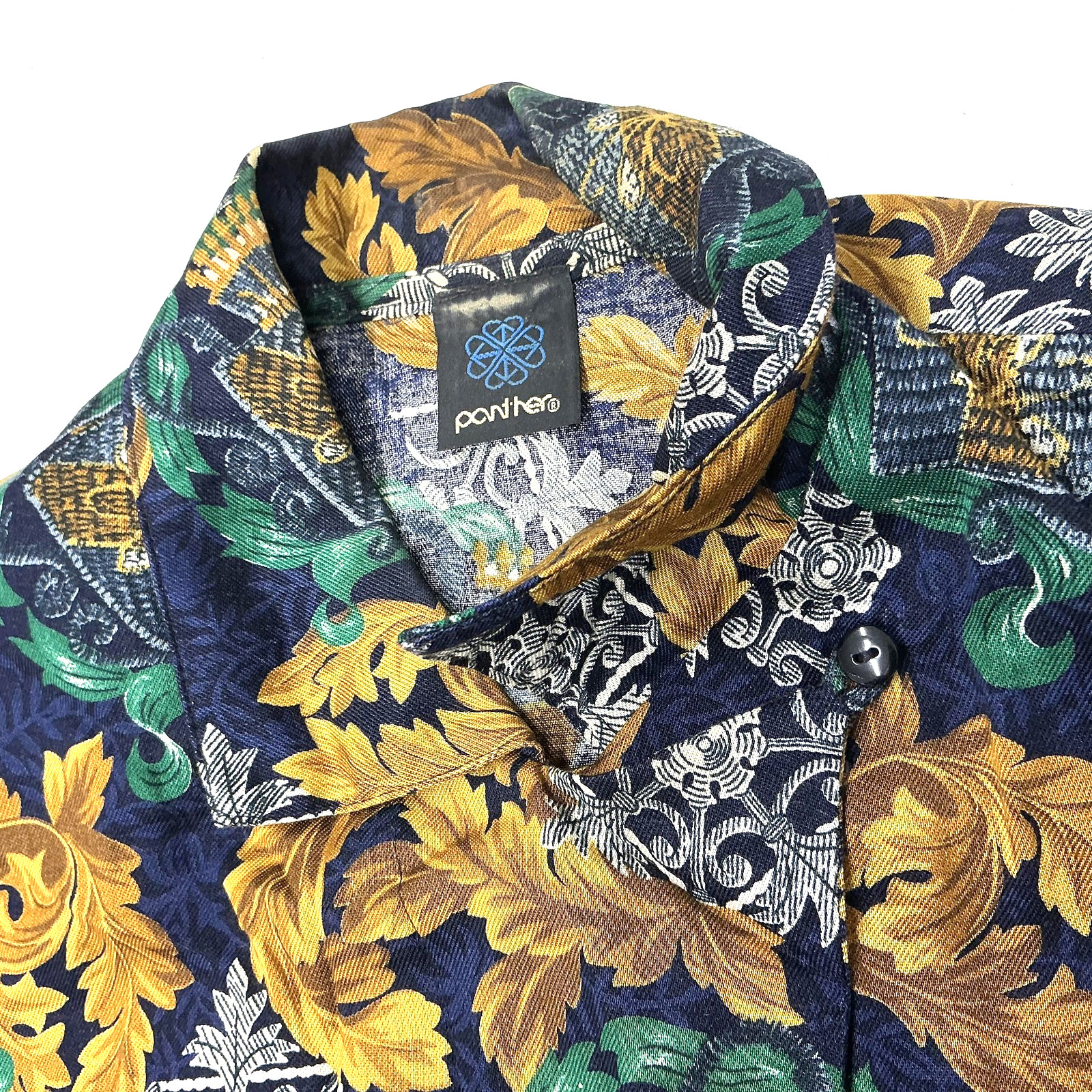 Vtg Panther Blouse Skirt Set Womens sz 12 Blue Gold Floral Button USA Top