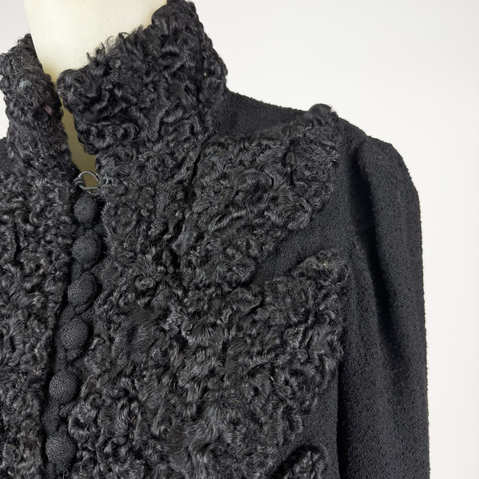 Antique Victorian Mourning Jacket Black Wool Astrakhan Fur High Collar Gothic XS