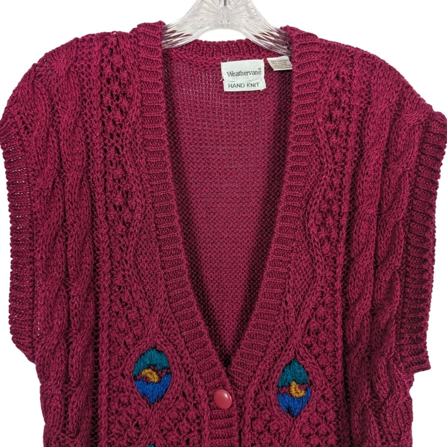 Weathervane hand knit Vintage Burgundy Blue Sleeveless Cardigan Size Large