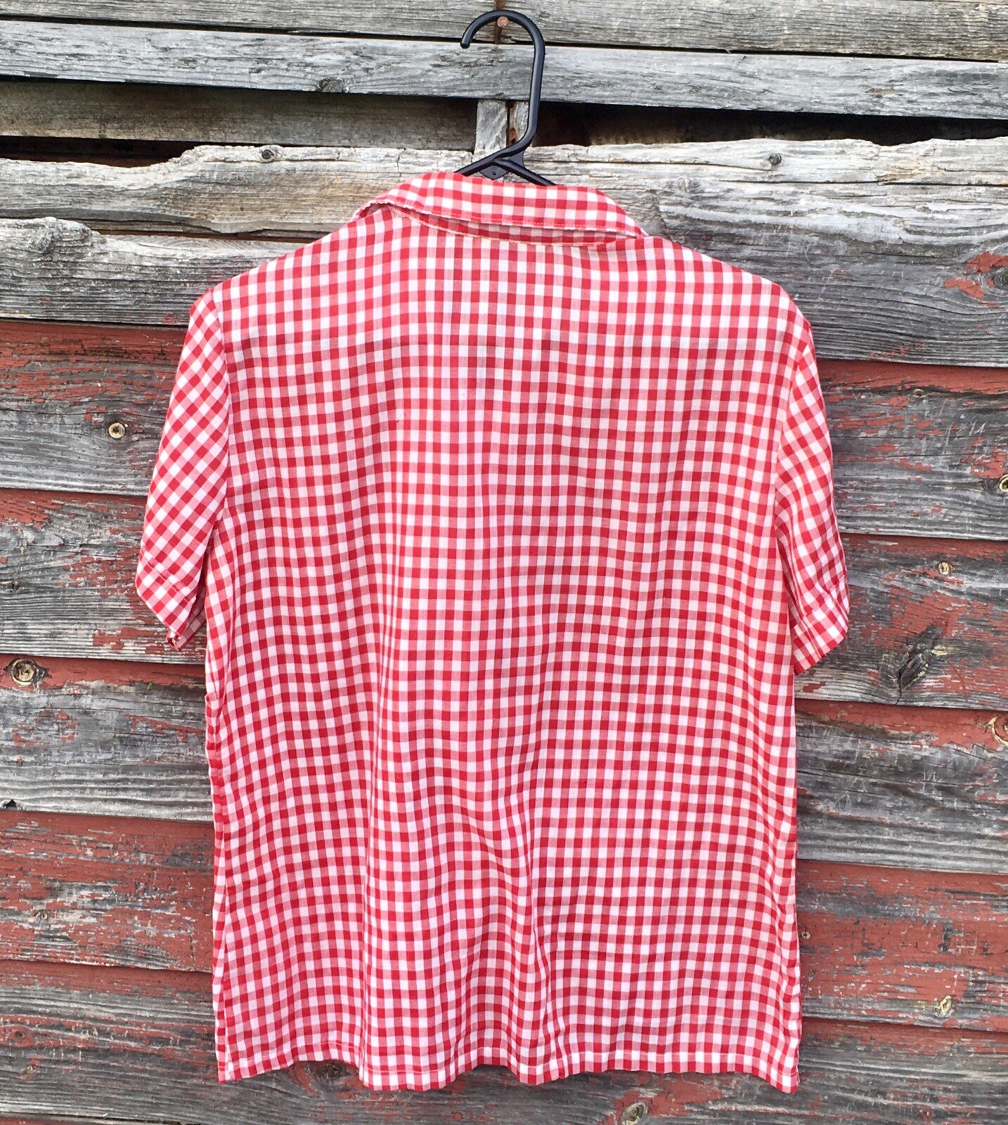 Vintage SEARS Perma-Smooth Red Checkers M Button Up Shirt Blouse Rockabilly Nice
