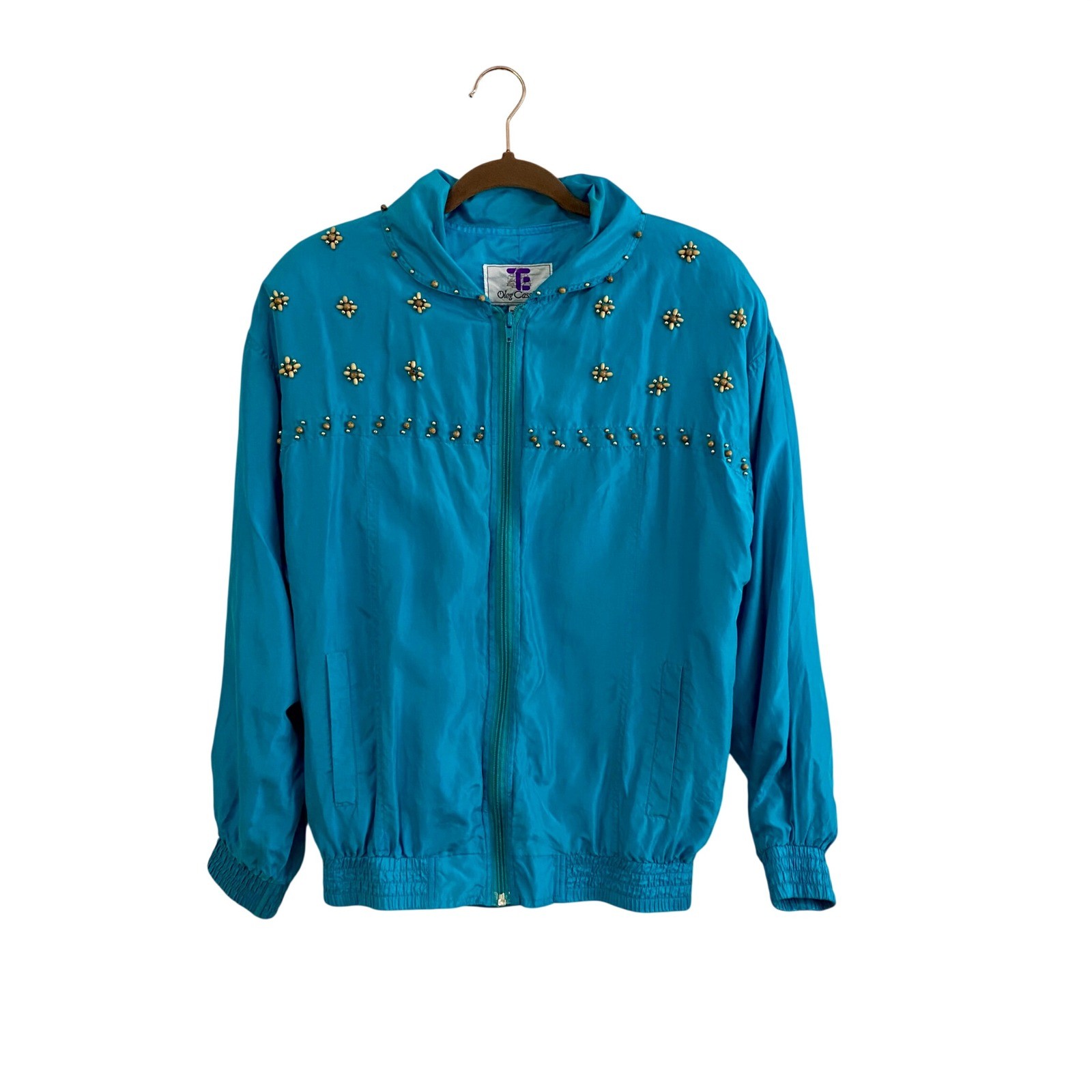 VTG Oleg Cassini 80s Beaded Silk Bomber Jacket M Turquoise Art to Wear Boho