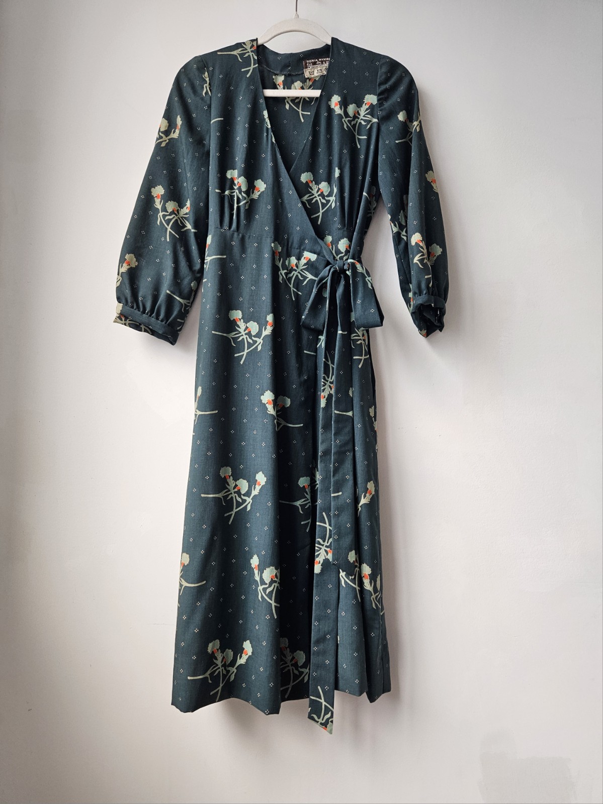 Sonia Rykiel Vintage 70’s Green Floral Long Sleeve Wrap Dress