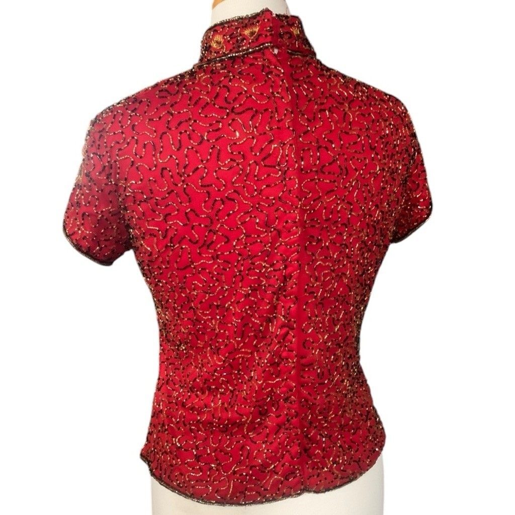 Vntg 90’s Marina red, gold and black beaded high neck short sleeved top sz small