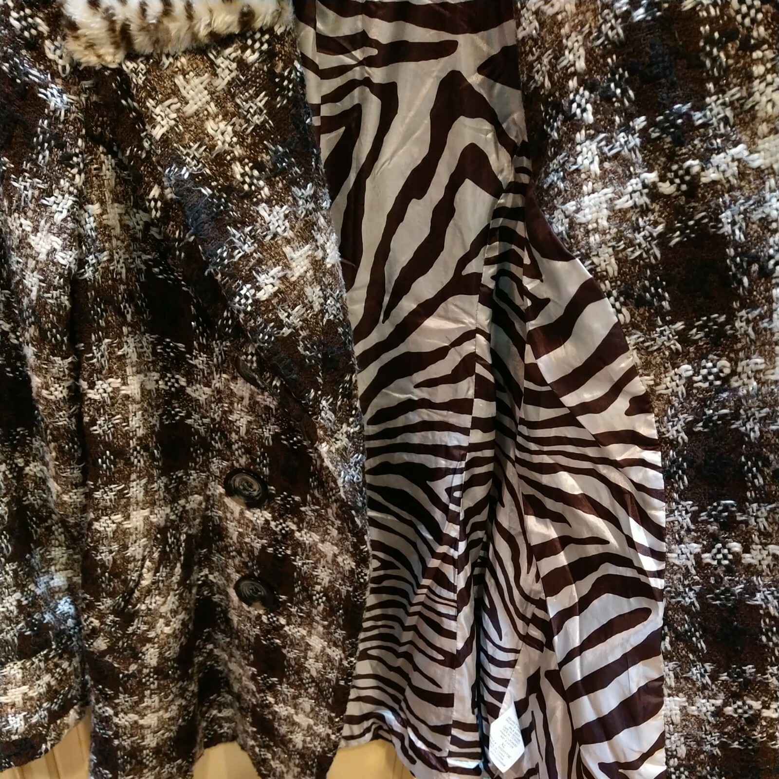 Chime Women Brown Plaid Boho ArtsyCoat Faux Fur Trim Zebra Lined Unique VTG XL