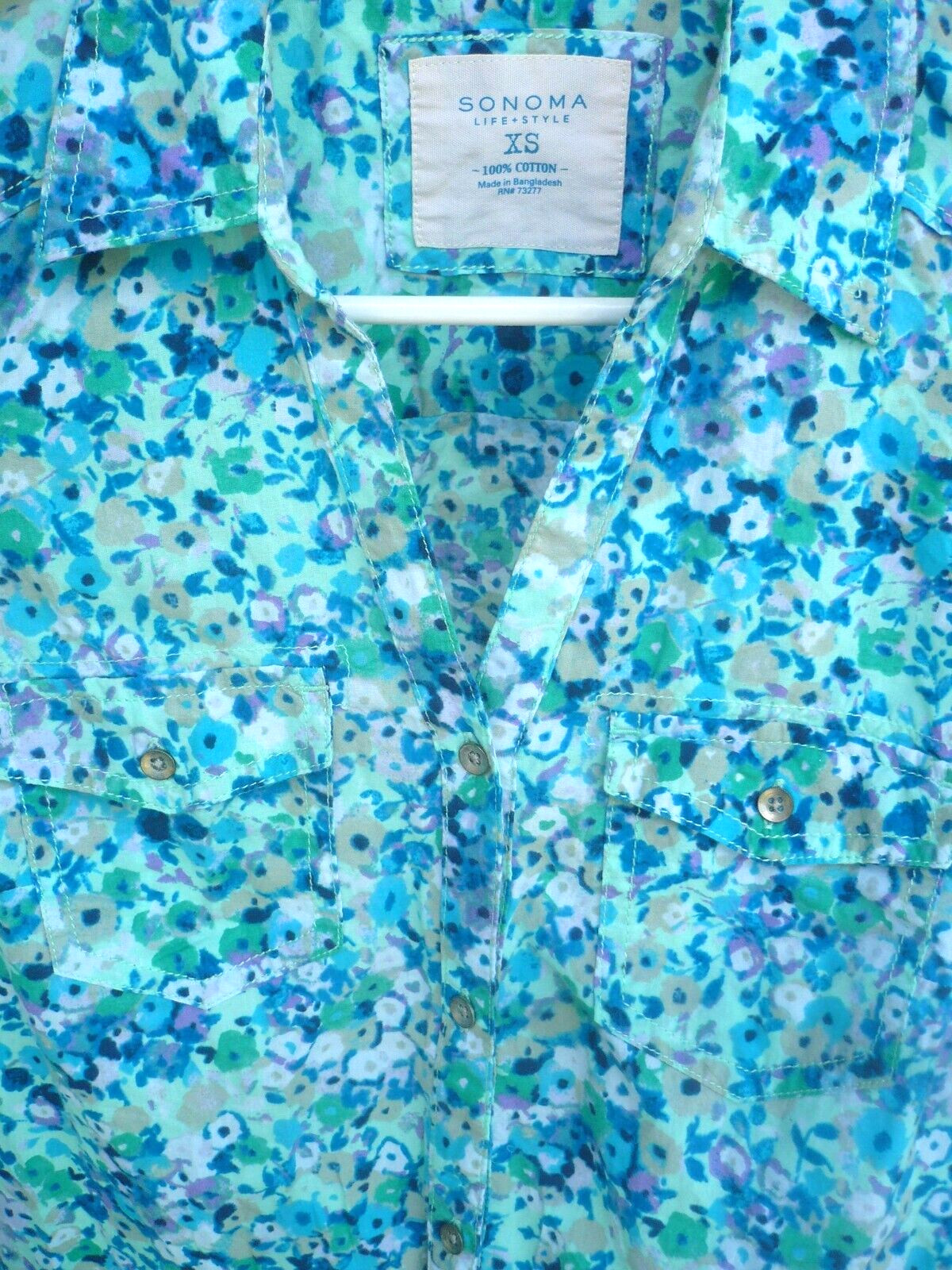 VTG 90S SONOMA XS S COTTON SHIRT BUTTON UP TAB BLOUSE BLUE GREEN FLORAL GRUNGE