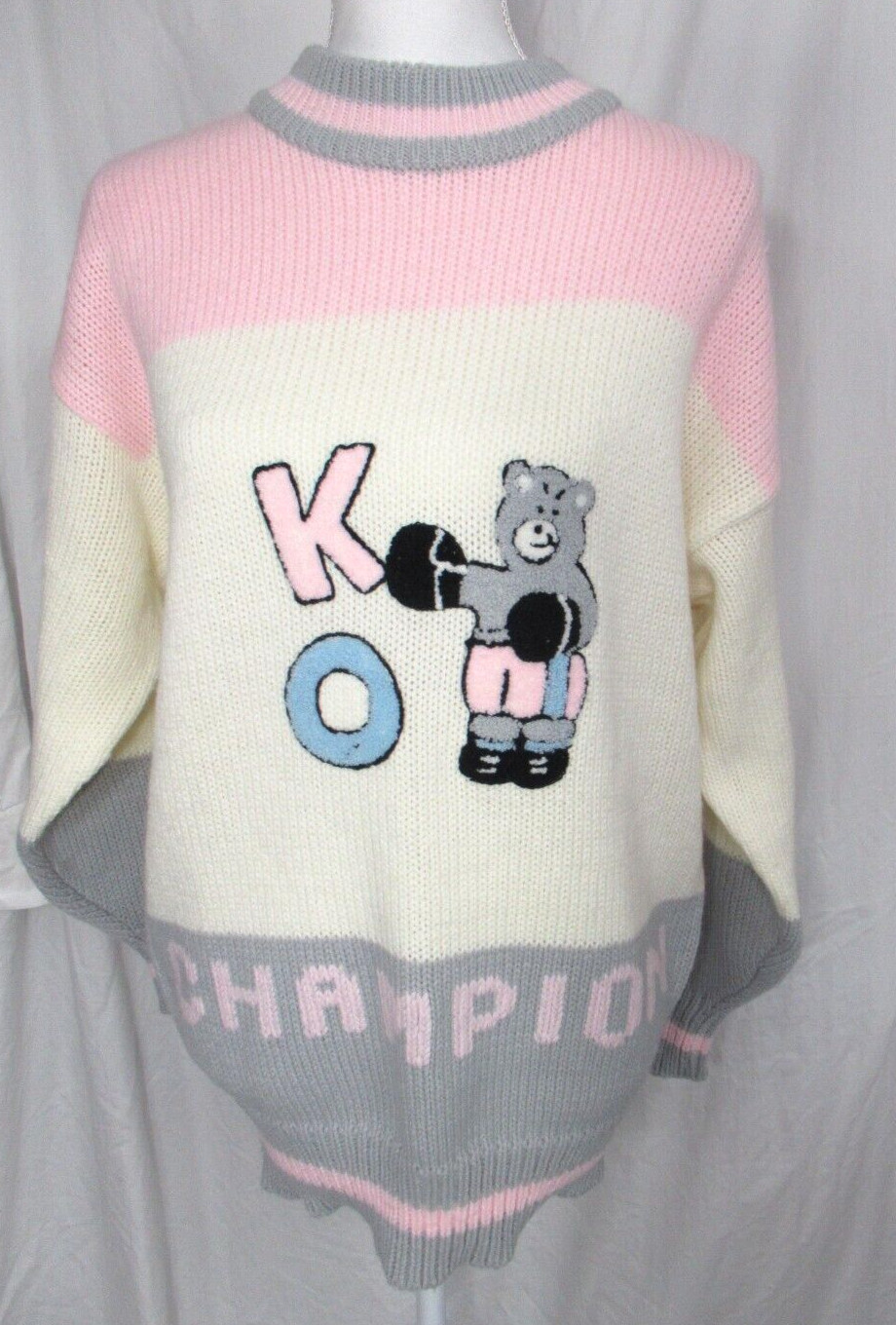 NWT Vintage Jamie Scott KO Champion Bear Boxing Sweater Pink Gray NEW Medium