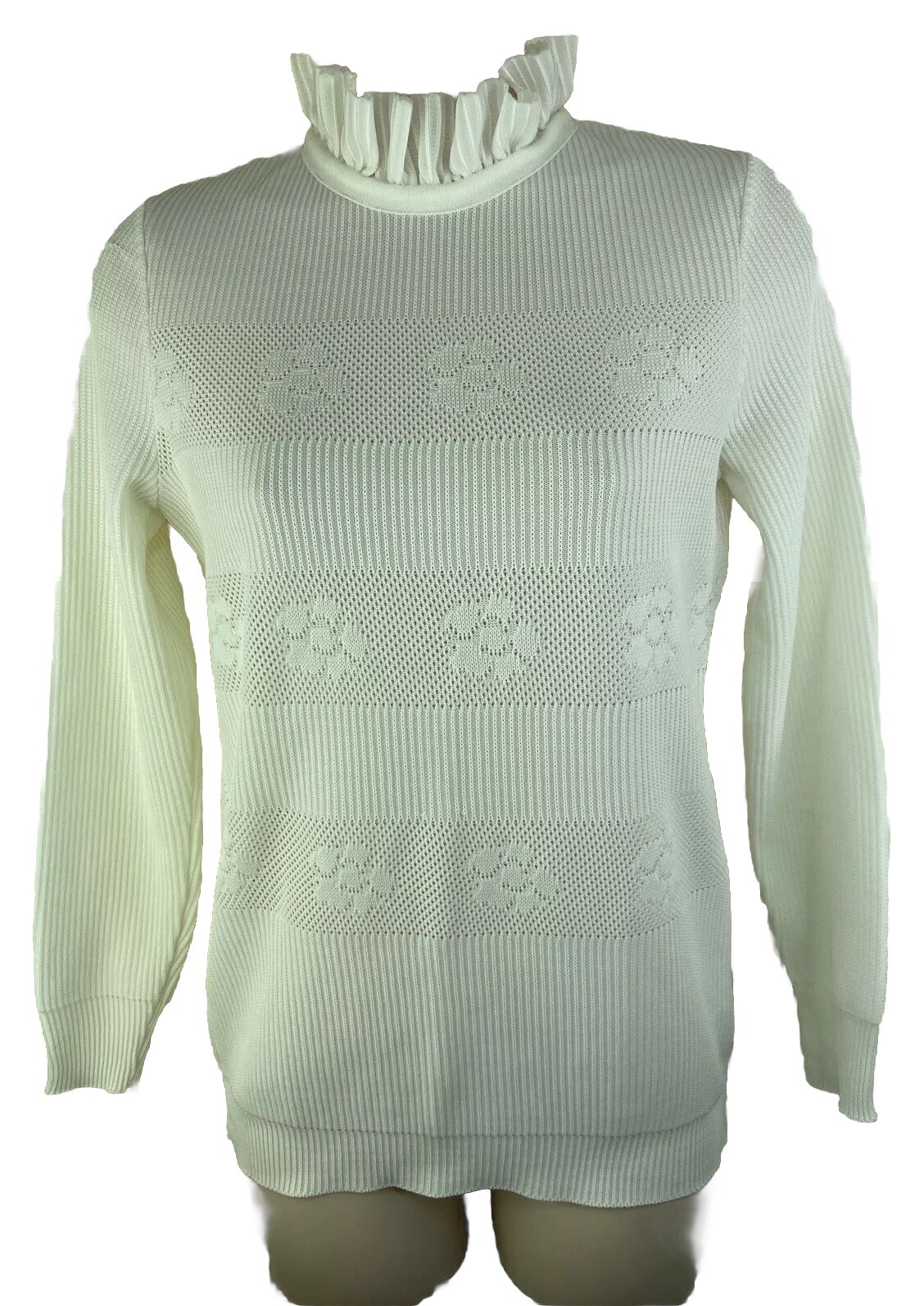 James Kenrob By Dalton Vintage White Ruffle Neck Ribbed Embroidered Sweater 6