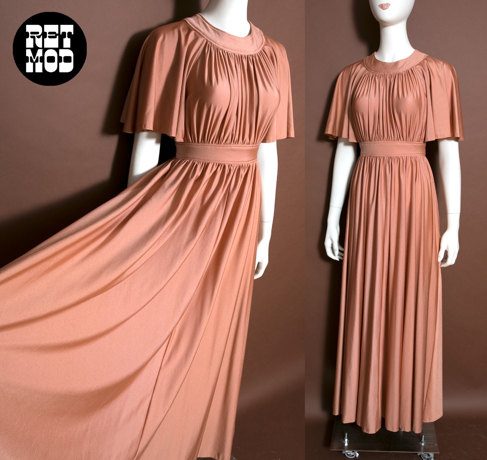 Gorgeous Vintage 70s Nude Cocoa Blush Draped Maxi Dress with Full Skirt