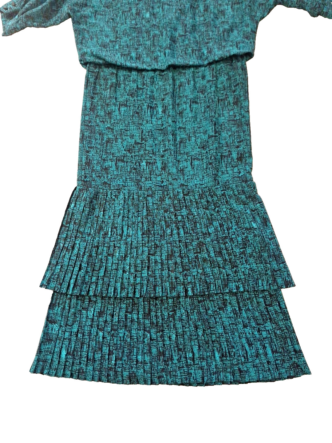 Vintage Act 1 New York Pleated Teal and Black Dress Size3/4, Shoulder pads