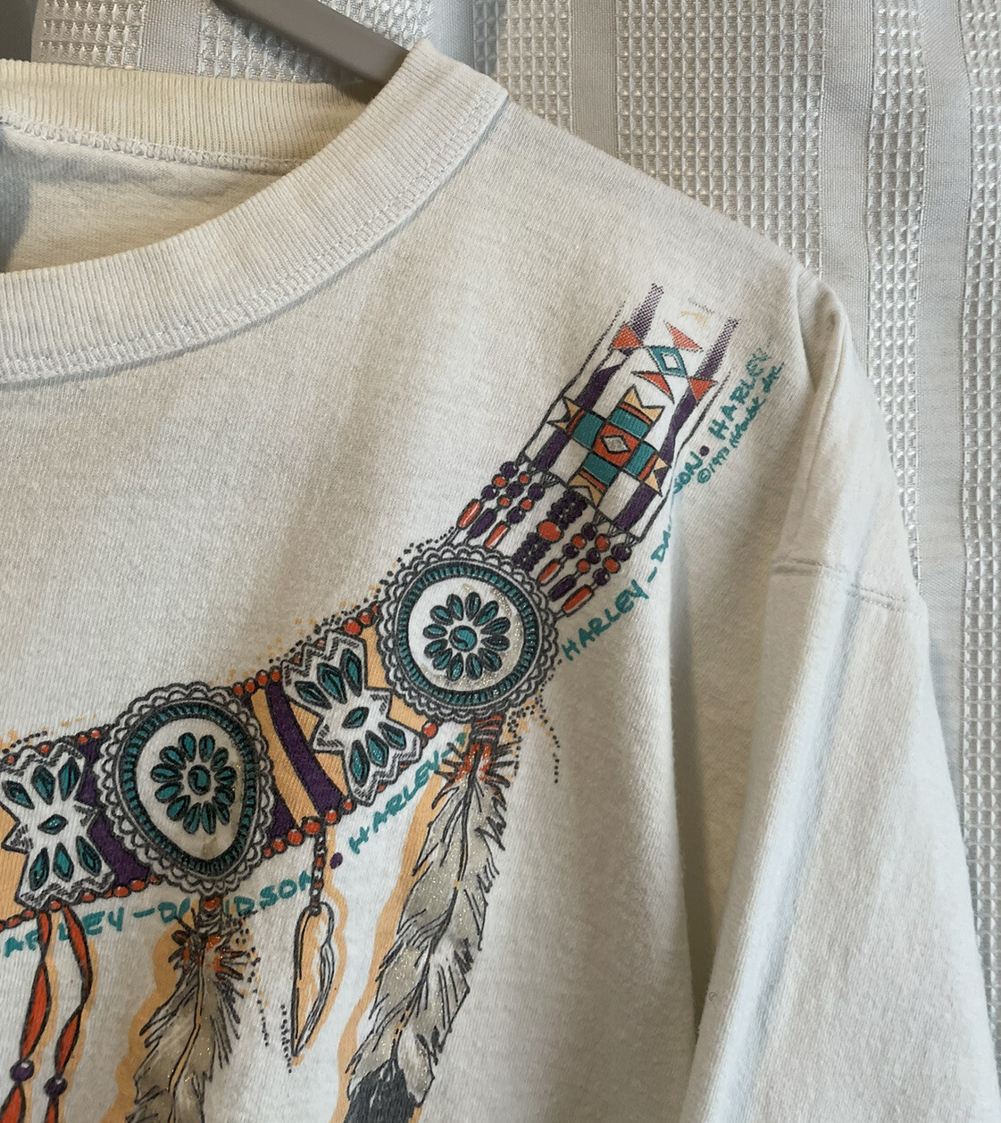 Vintage Harley Davidson Long Sleeve Size Medium Native Feather Print Bloomington
