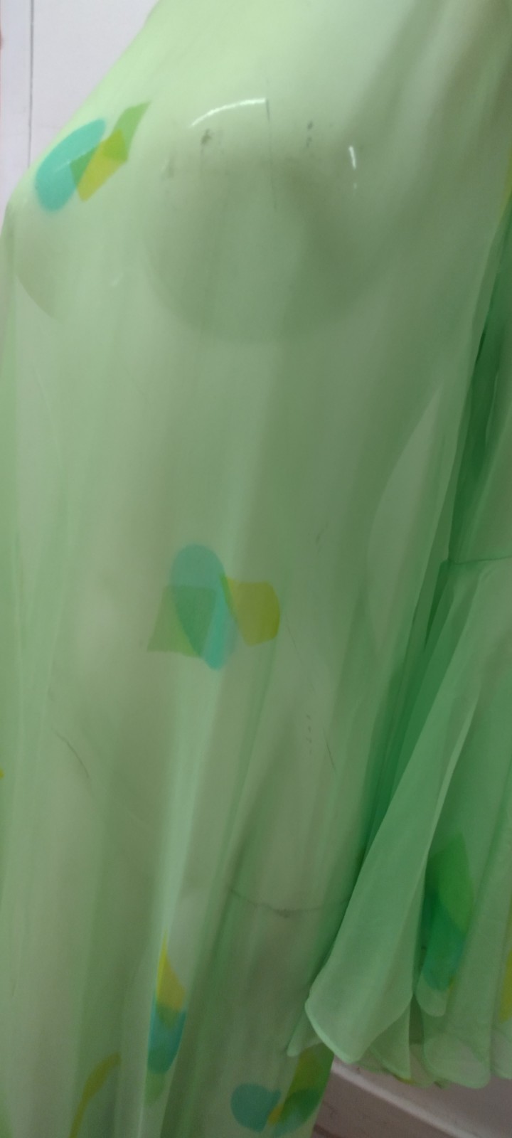 Vintage Psychedelic Jade Green Silk Chiffon Wide Bell Sleeves Maxi Gown Sheer L