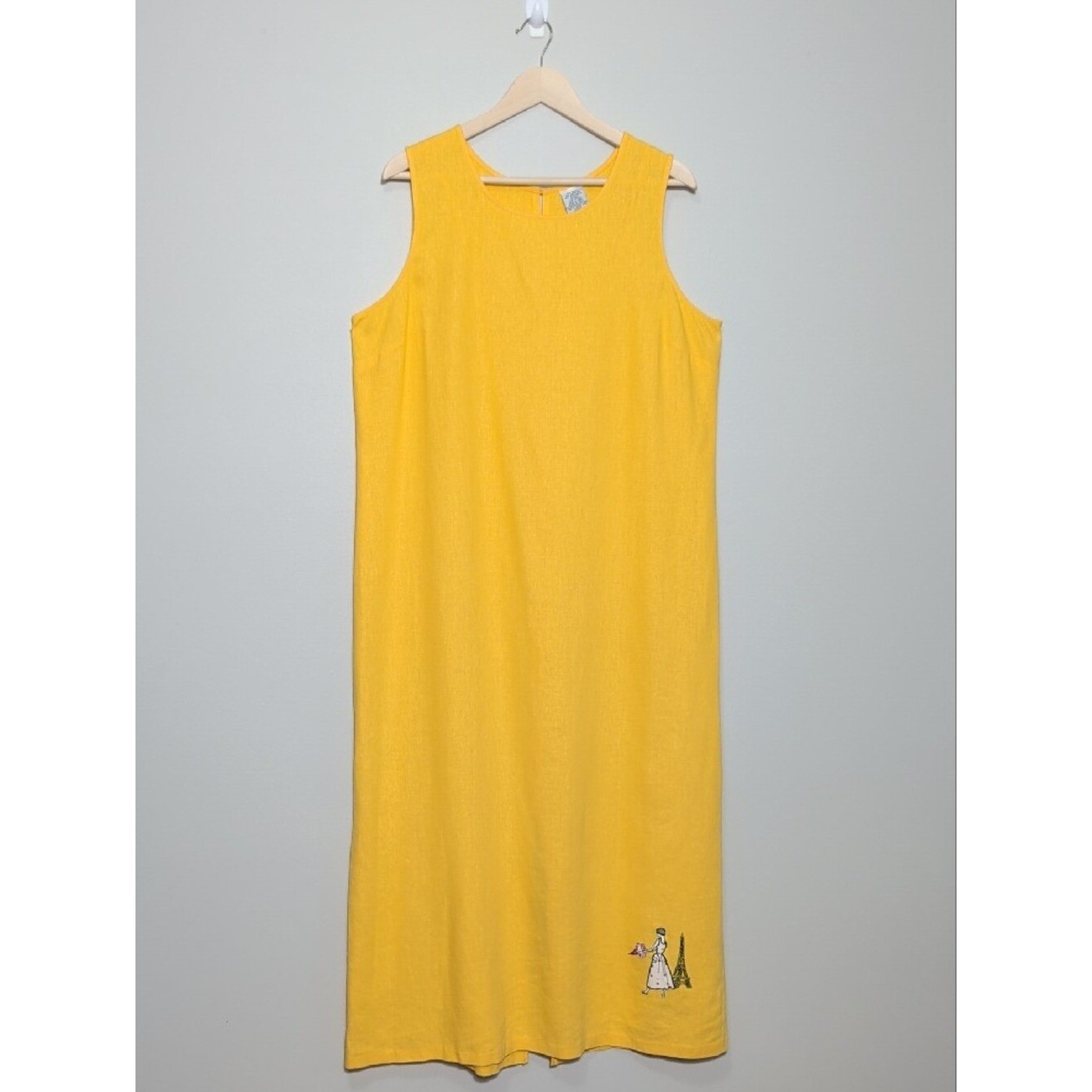 Vtg 90s Yellow Linen Two Piece Maxi Dress Set Paris Embroidery Euro Summer XL