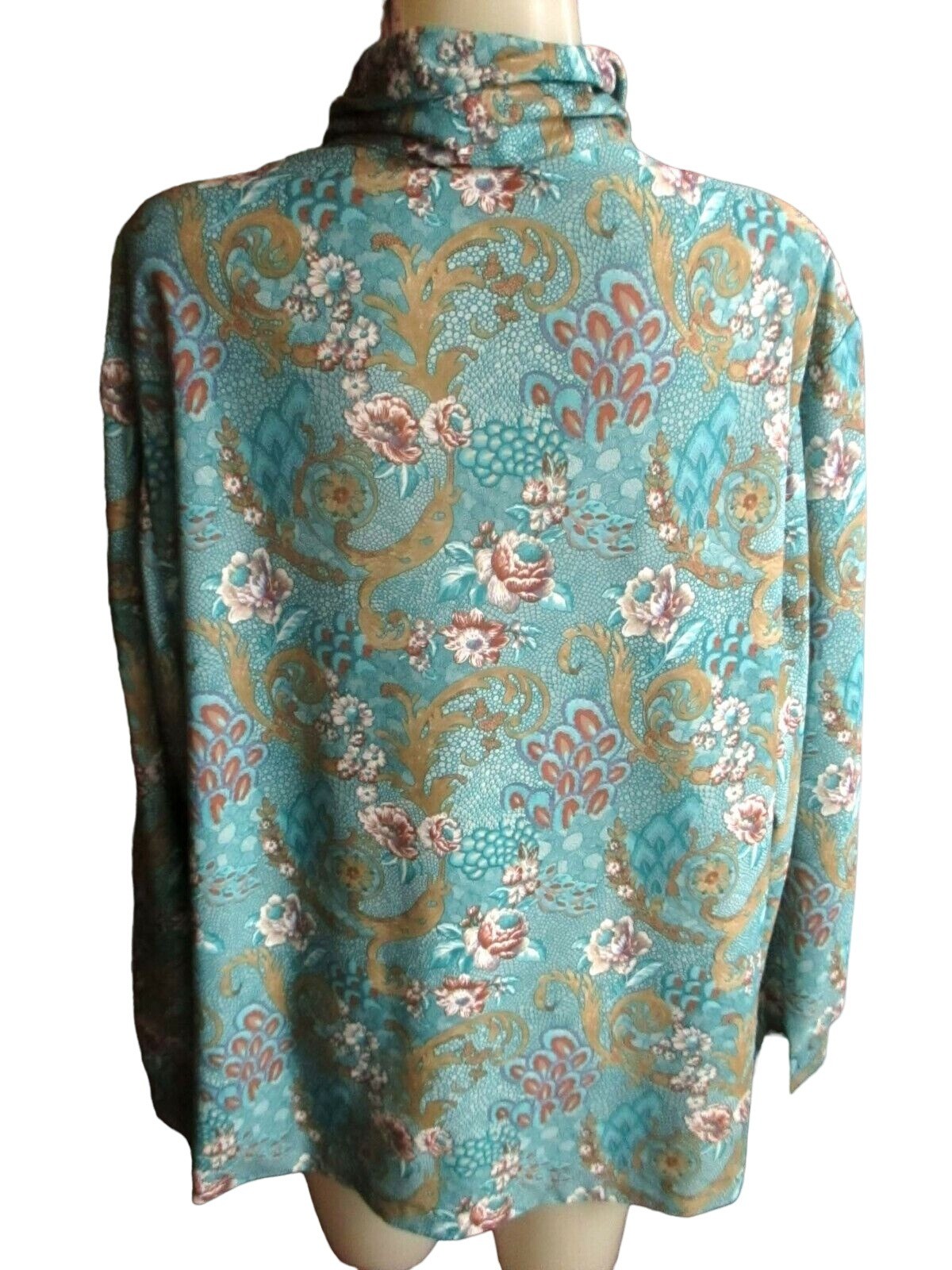 True Vintage Women’s Secretary Blouse XL 80s Graff Turquoise Paisley Tie-Neck