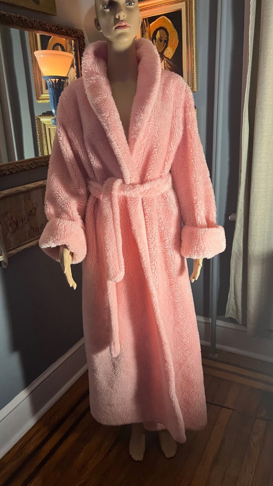 Vintage A Borg Fabric PINK Long Fluffy Furry Plush Robe Medium Made in USA