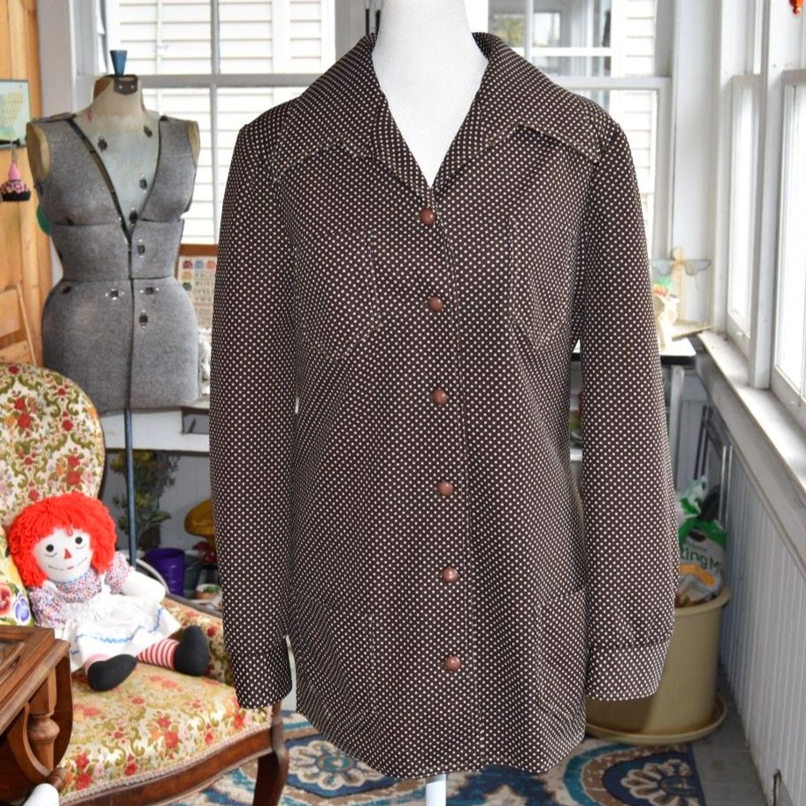 Vintage 70s Three Flags Brown Polka Dot Button Front Shirt Jacket Blouse Medium