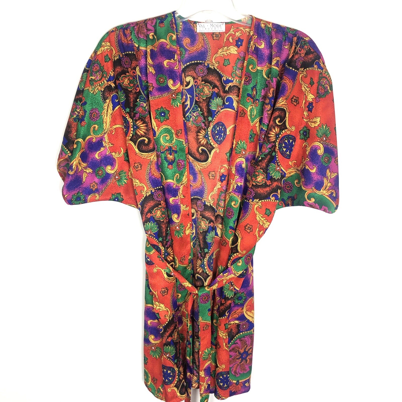 Vintage Val Mode Lingerie Belted Robe Paisley Red Purple Green Gold Sz Large USA