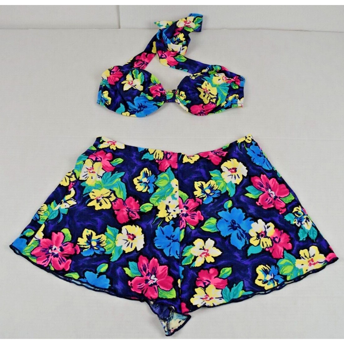 Vintage Bikini Swimsuit Anchor Club Size M/L 80s Vibrant Hawaiian Floral Silky