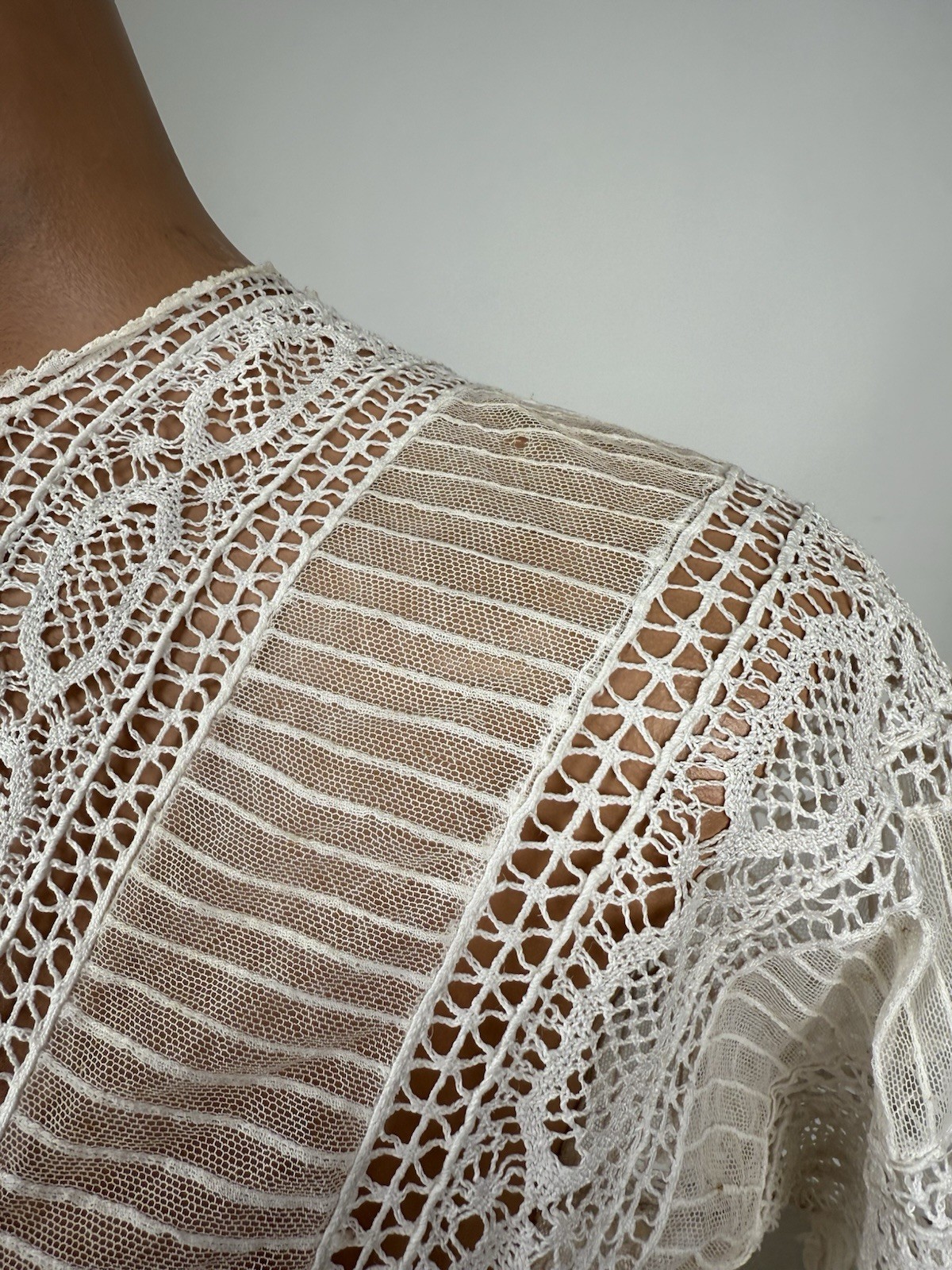 Antique Edwardian White Silk Net Cotton Crochet Blouse Ruffles Wounded BirdAS IS
