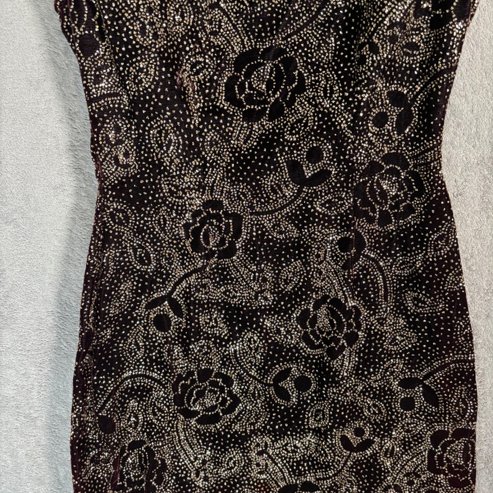 Climax Karen Okada Vintage 90s Open Back Glitter Floral Bodycon Dress Burgundy S