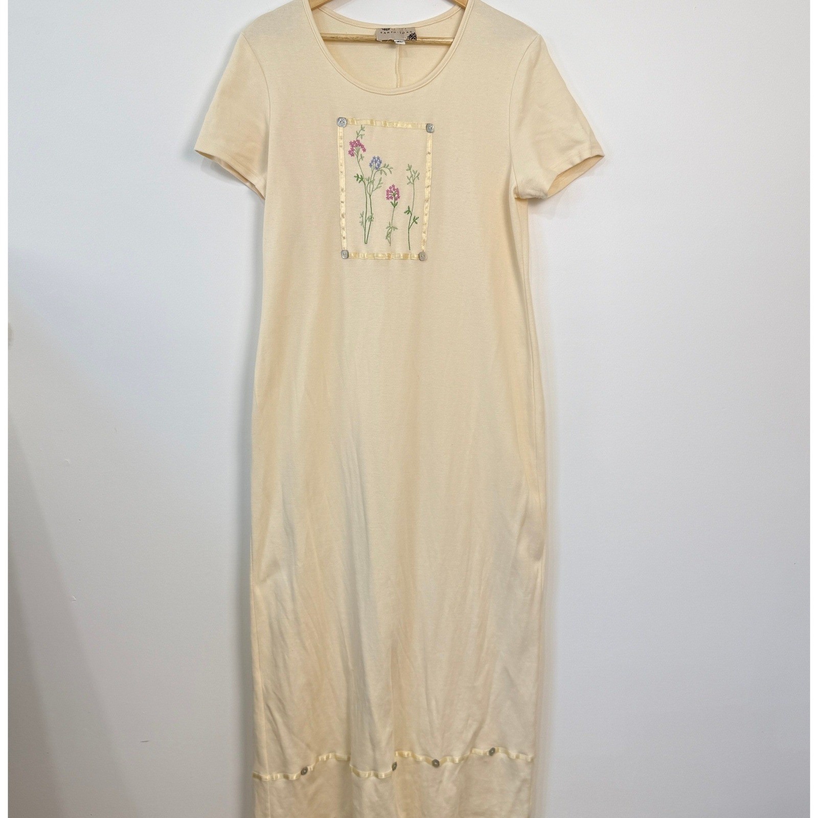Vintage Earth Song Floral Embroidered Maxi Dress Fit Large Cream Cottagecore