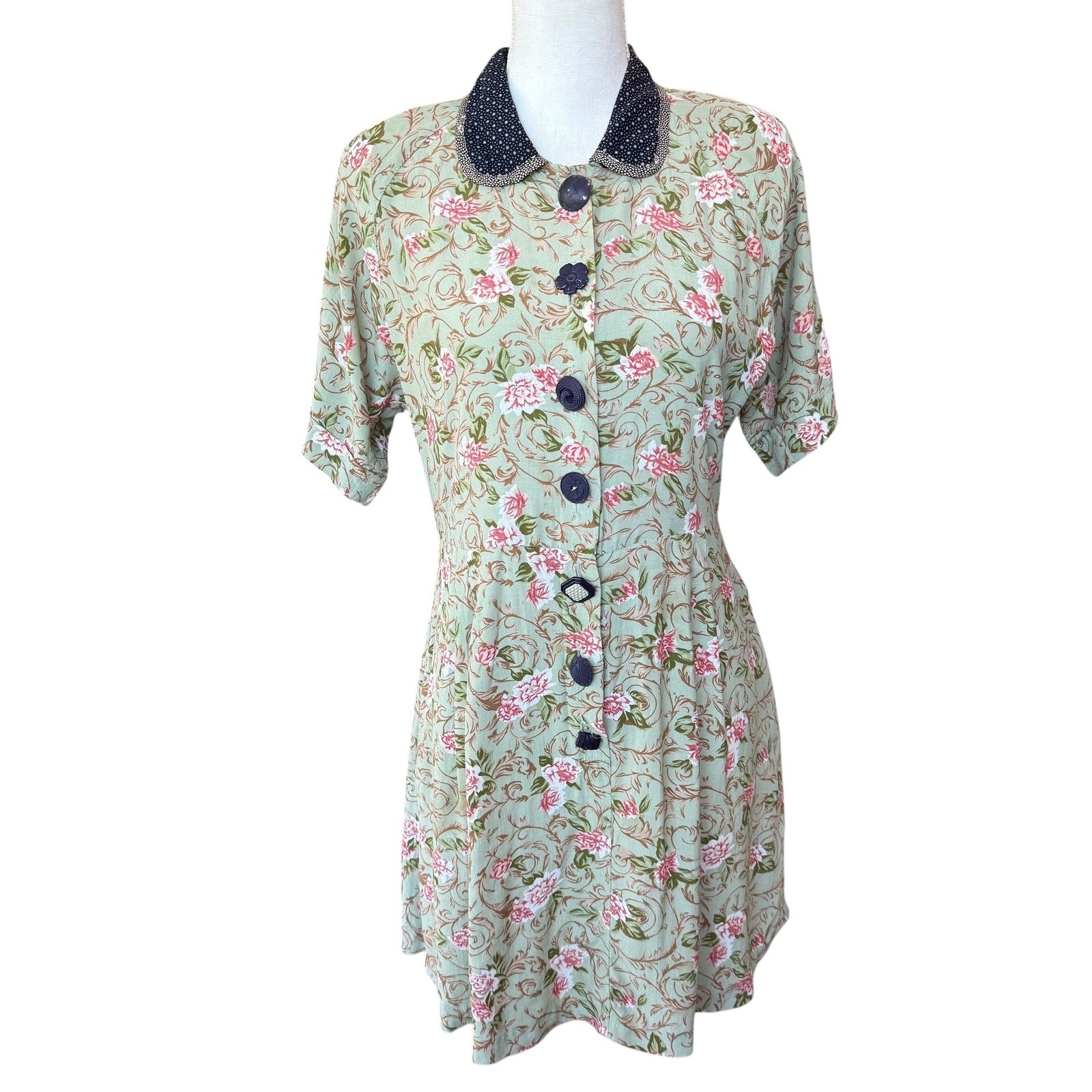 Lolita West by Foxtrot Vintage Floral Button Front Dress Sage Green Cottagecore