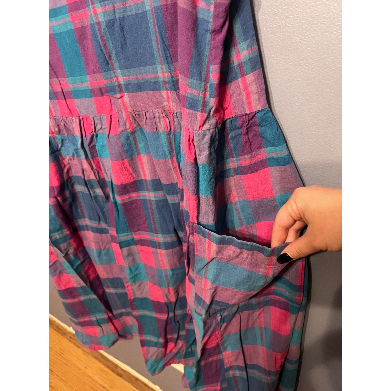 Vintage Unbranded Handmade Women’s Jumper Dress Pink Blue Plaid Country No Tags