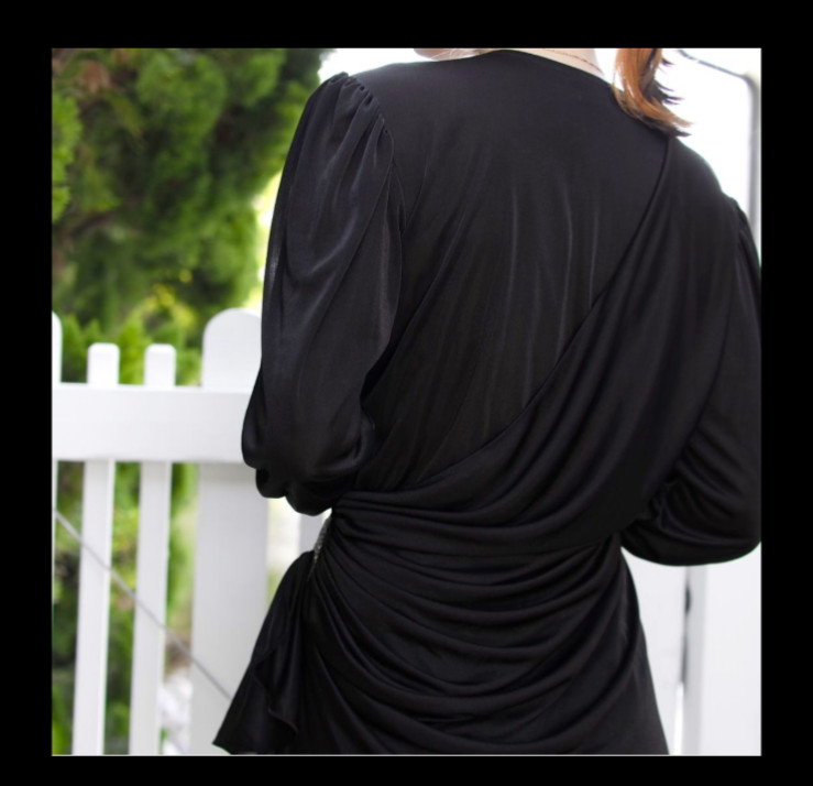 RARE Vintage 1980s Black Filigree Draped Cocktail Dress — Rhinestone Brooch Deta