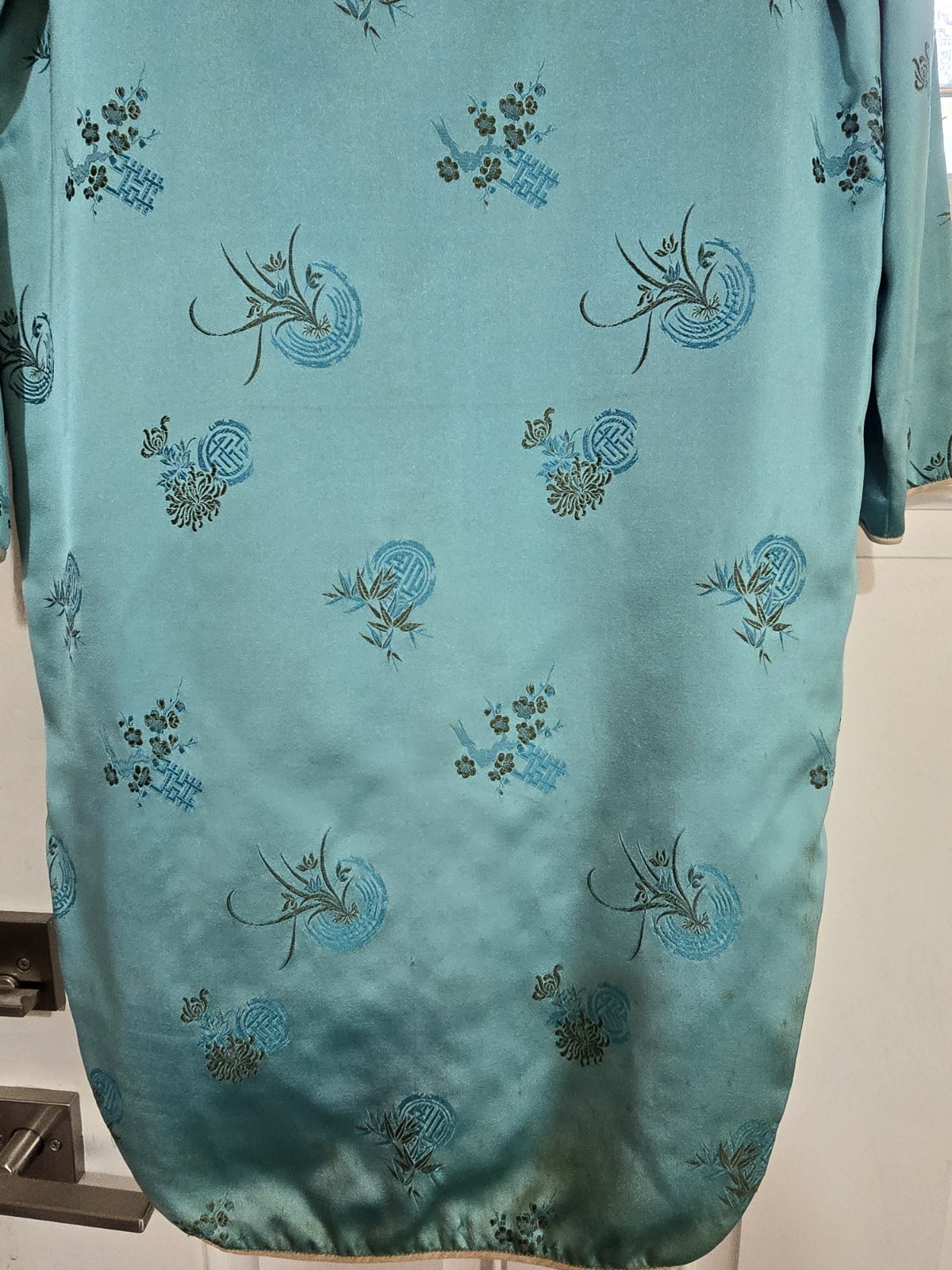 Vintage 50s Chinese Brocade Hostess Gown- Women’s- Turquoise Satin-Size 42/L