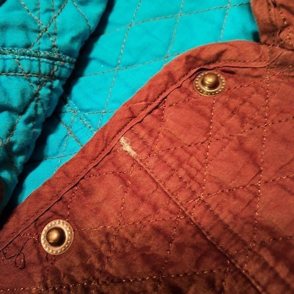 Vtg 90s OLEG CASSINI Weekend S Quilted Jacket Brown Turquoise Snap Front Cropped