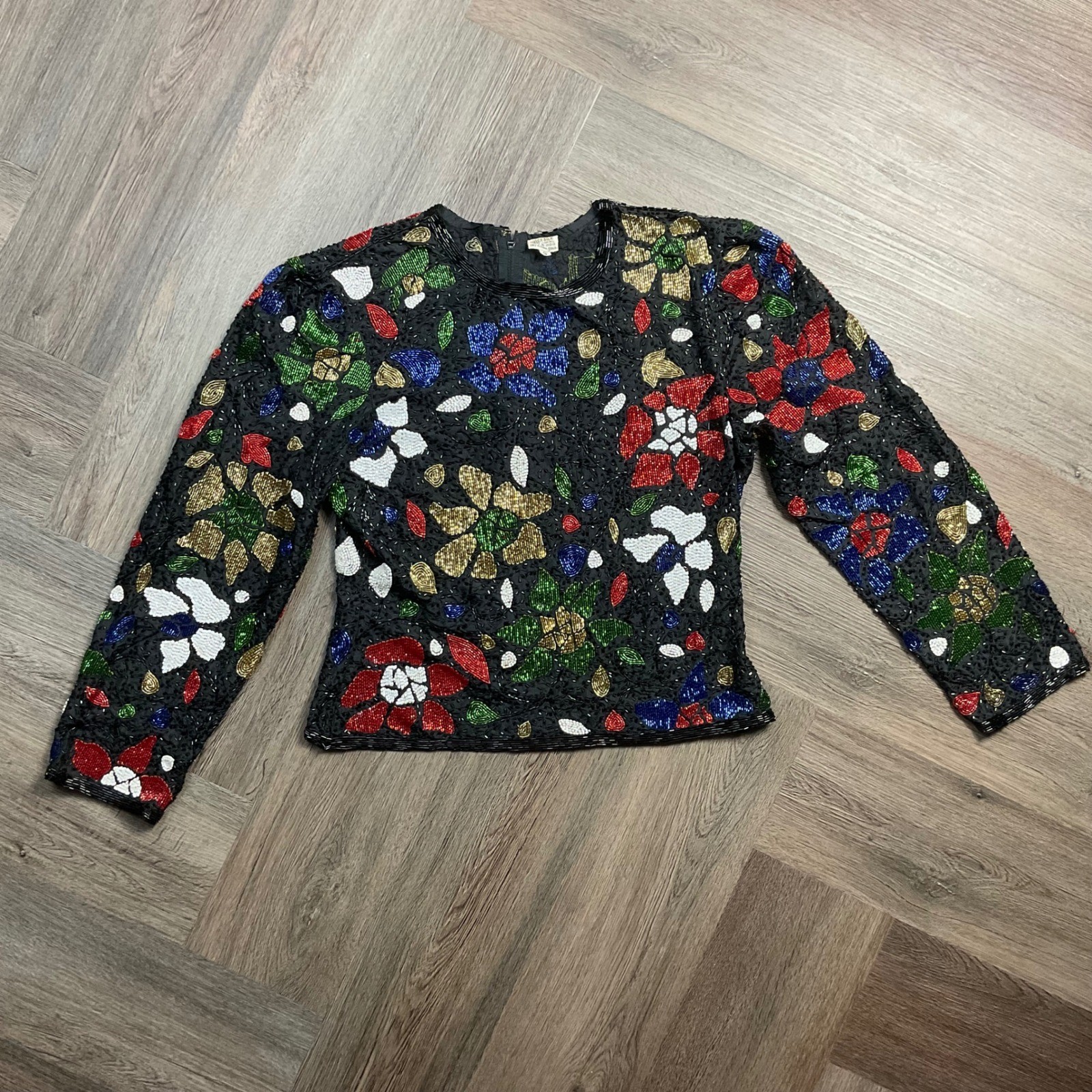 Vintage Silk Beaded Floral Long Sleeve Evening Party Top Womens Small Black Red
