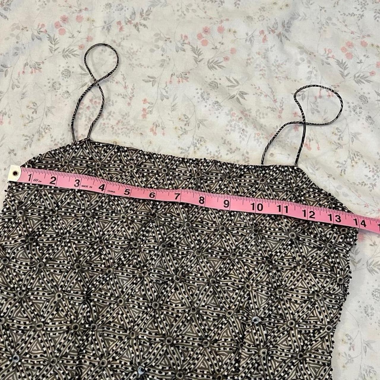 Vintage 90s Milos 100% Silk Beaded Top Corset Tank Black White Maximalist Glam