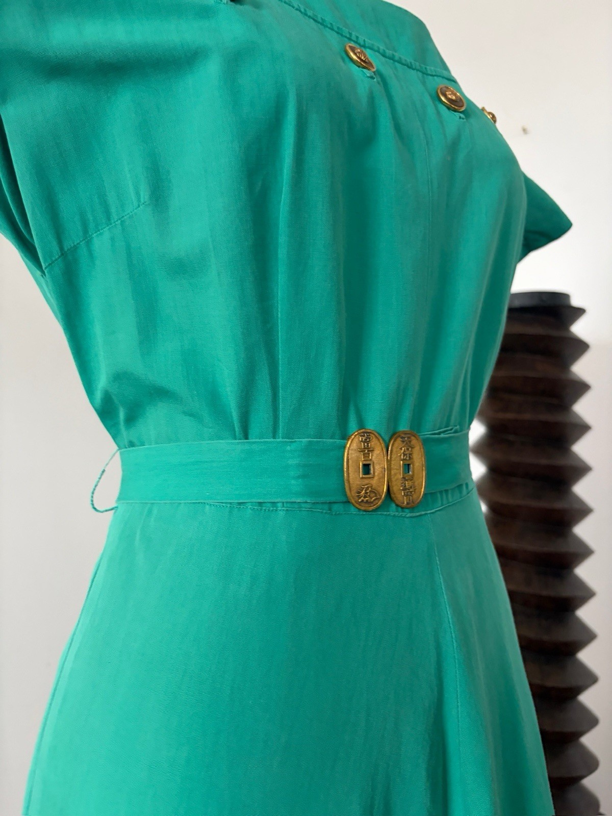 1950s Jade Green Polished Cotton Day Dress Midi Bateau Neck Crest Buttons Resort