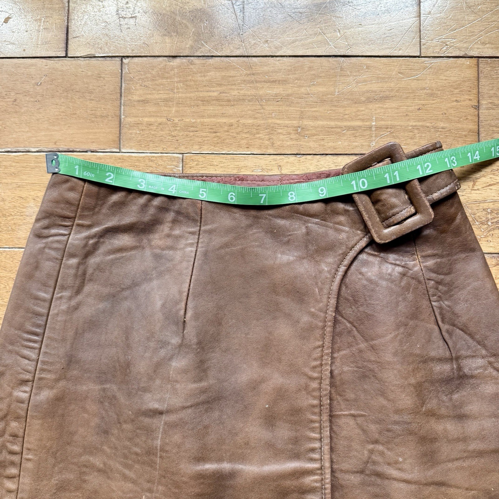 VTG 60s Brown Leather Buckle Snap Lined Mini Skirt Hippie Boho Mod GoGo Scooter