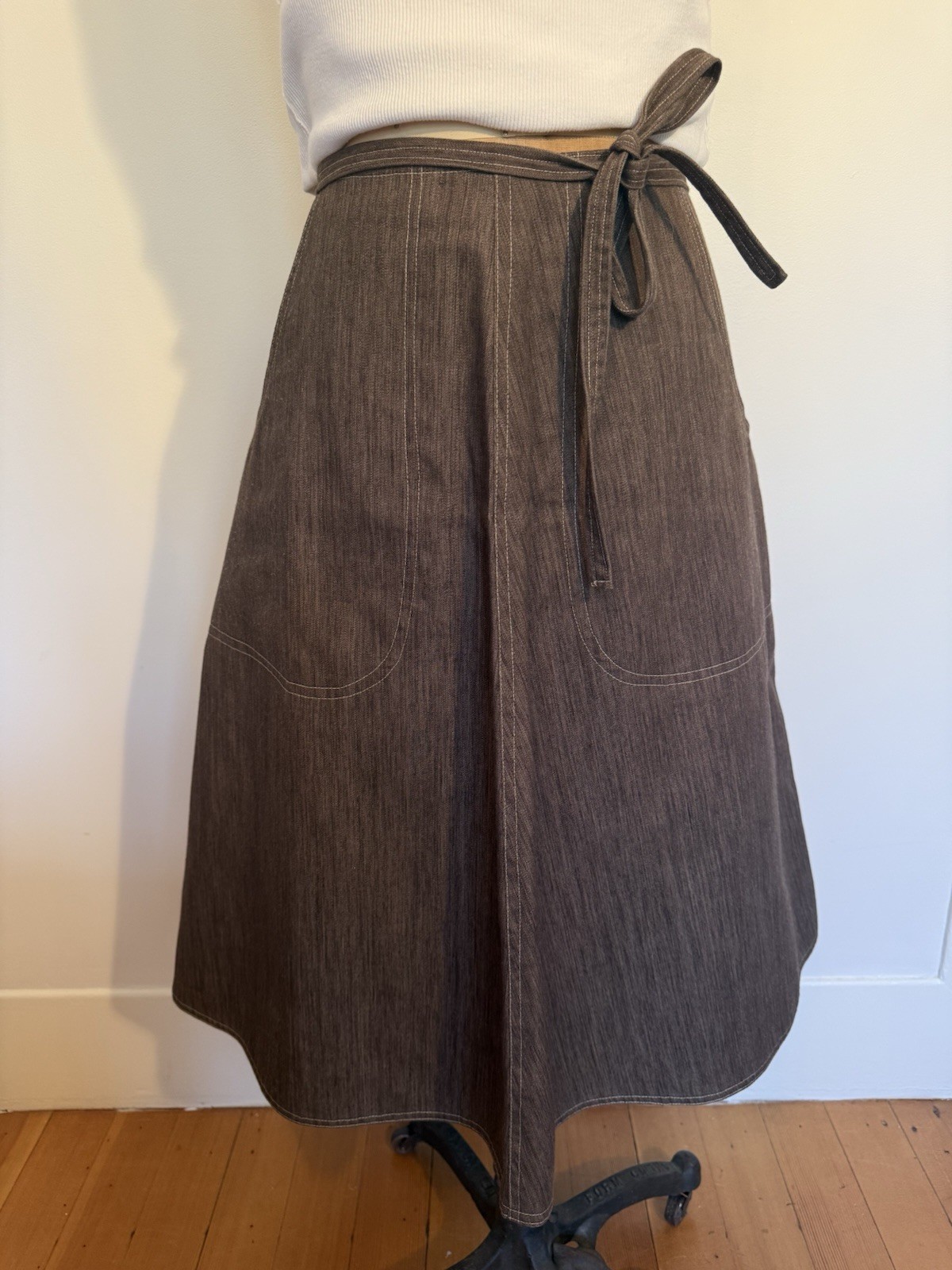 Vintage 70’s A-Line Midi Wrap Utility Skirt Patch Pocket Contrast Stitch S/M