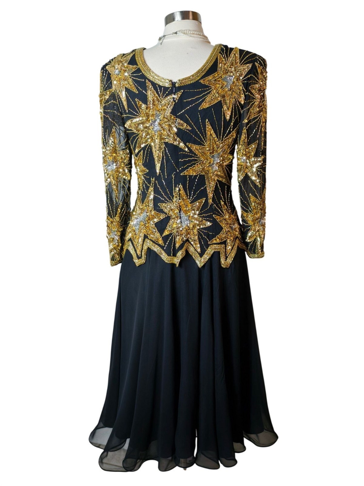 Vtg Niteline 80’s 90’s Evening Gown Silk Dress Black Gold Sequin Night Out