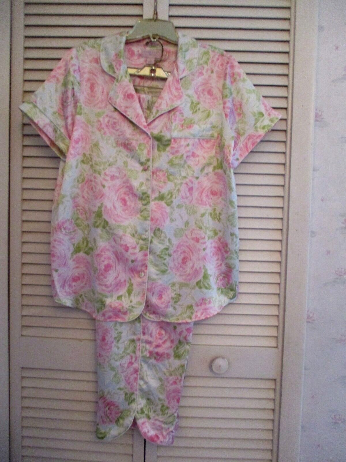 CABERNET 2PC PJ SET SHORT SLVE CROPPED PANTS SILKY SATIN PINK ROSE POLY XL NEW